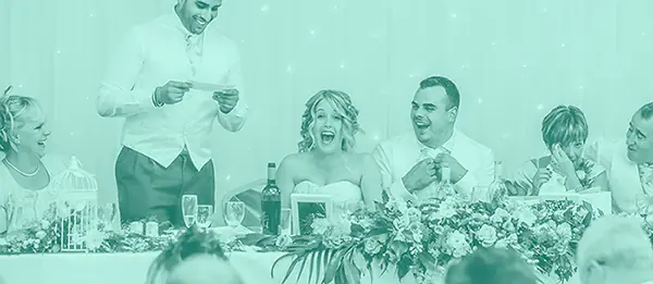 bride, groom and families react to very amusing wedding speech