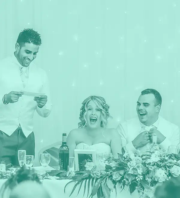 bride, groom and families react to very amusing wedding speech